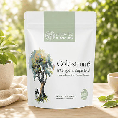 Tub of Anovité Colostrum6 whole body nutrition bovine colostrum powder 1lb size.