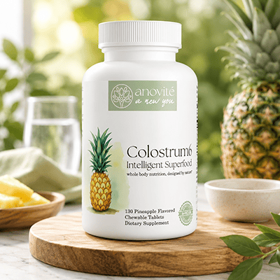 Anovité Colostrum6 Intelligent Superfood Pineapple Flavored Chewable Tablets Bottle with Fresh Pineapple