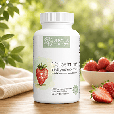 Anovité Colostrum6 strawberry flavored cold-pressed chewable colostrum tablets 180 count bottle.