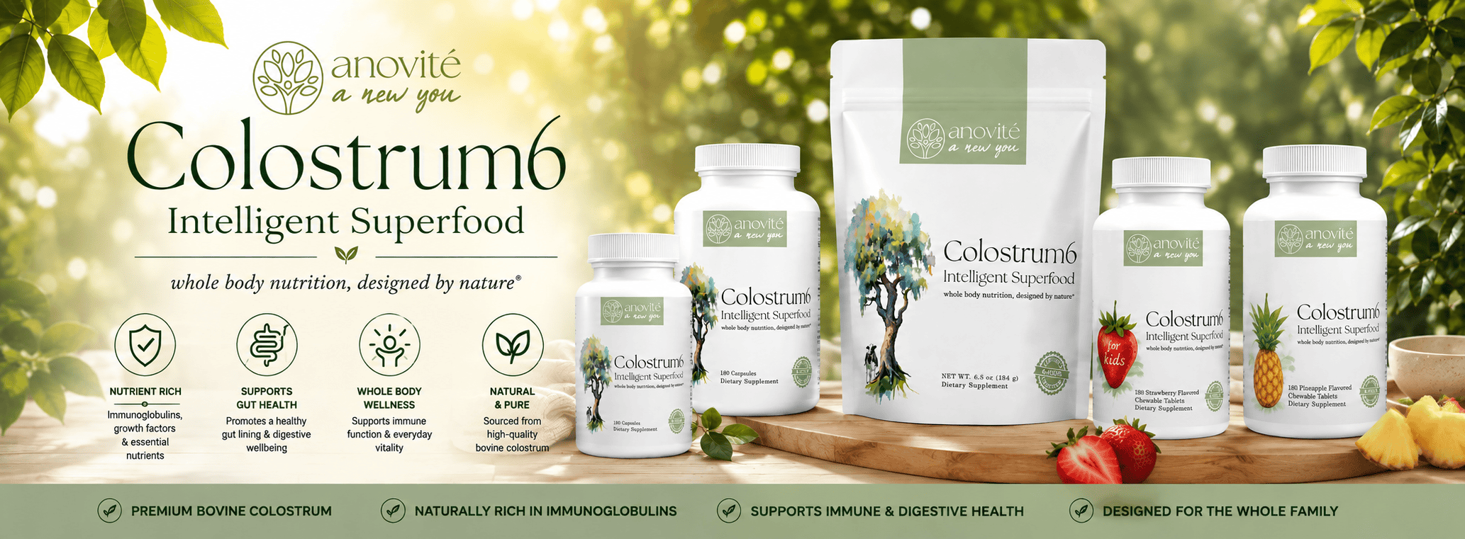 Colostrum6 Intelligent Superfood product range featuring powders, capsules and pineapple and strawberry chewable bovine colostrum supplements from Anovité