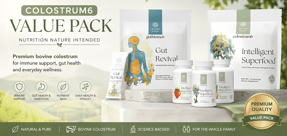 Colostrum6 Value Pack with GutBiome6 Gut Revival and Intelligent Superfood supplements for gut, immune and whole-body wellness