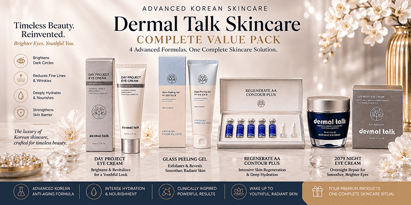 Dermal Talk Complete Value Pack featuring Day Project Eye Cream, Glass Peeling Gel, Regenerate AA Contour Plus and 2079 Night Eye Cream advanced Korean skincare collection