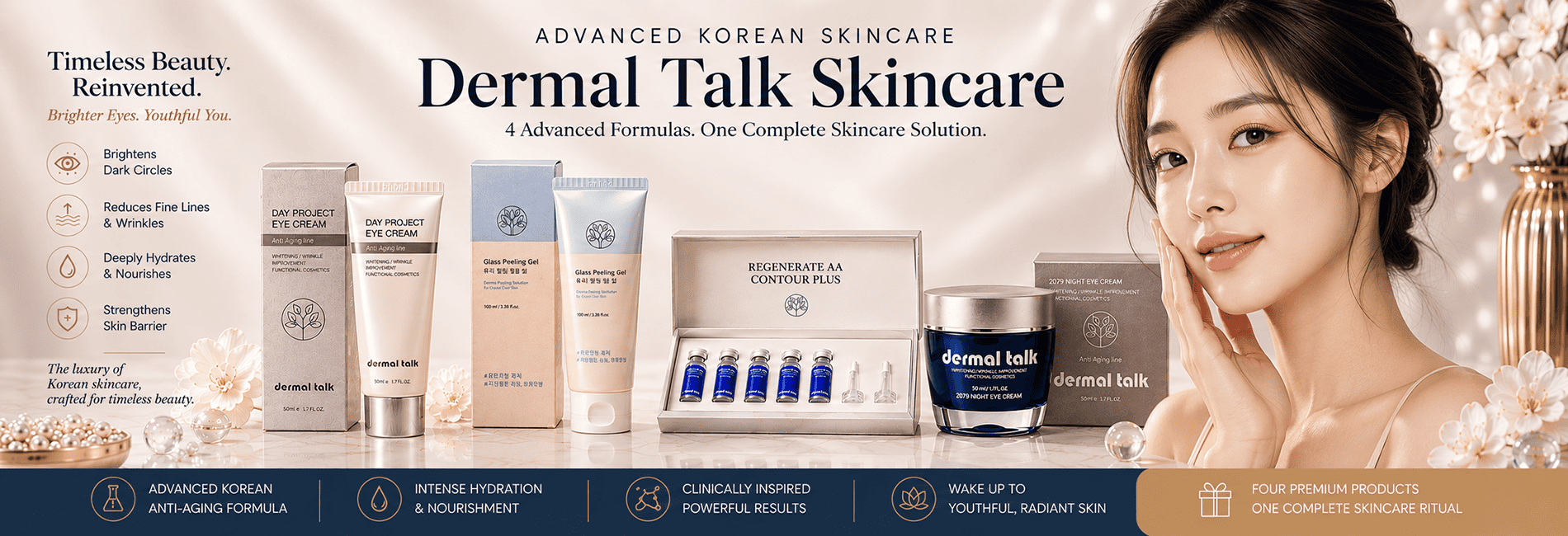 Dermal Talk advanced Korean skincare by Anovité with eye cream, Glass Peeling Gel, Regenerate AA Contour Plus and Korean beauty model