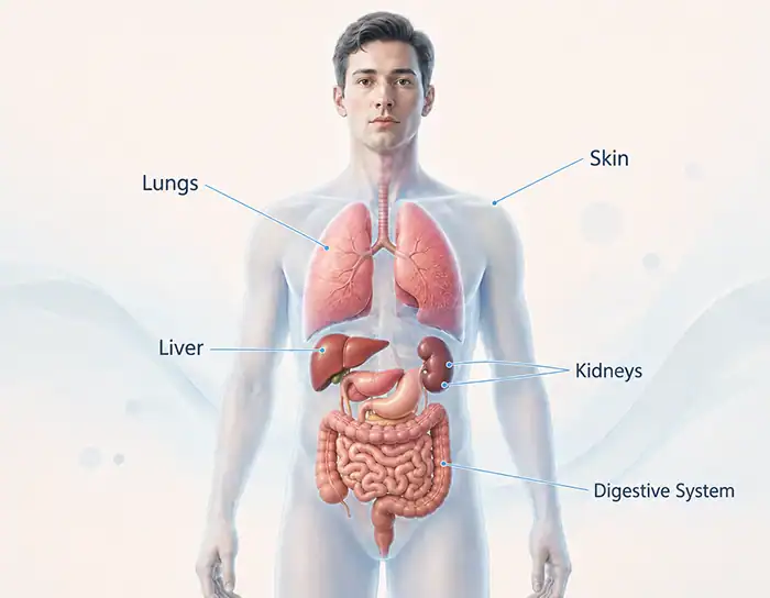 Illustration of the liver, kidneys, lungs, skin and digestive system involved in normal waste processing