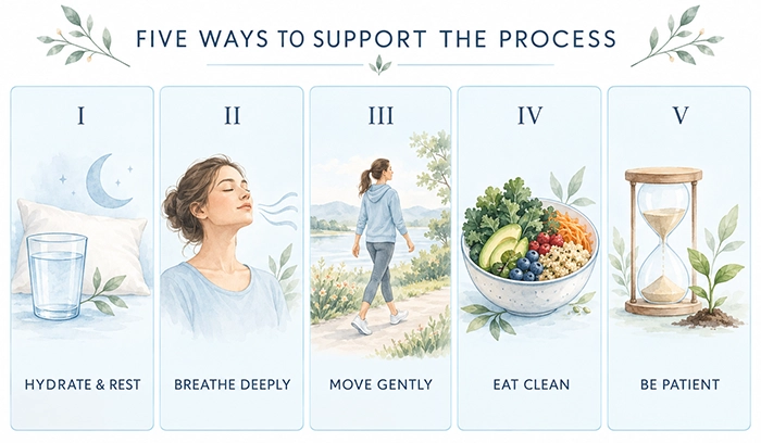 Water, rest, breathing, walking and whole foods shown as five gentle wellness support steps
