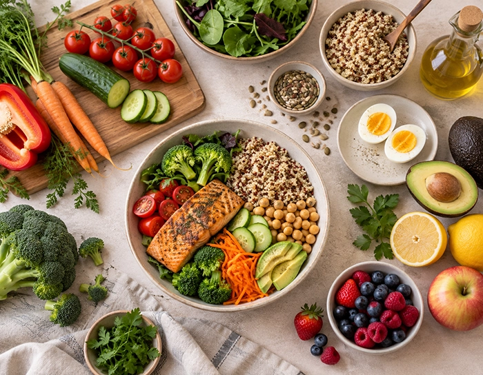 Colourful whole-food ingredients prepared for a balanced wellness meal