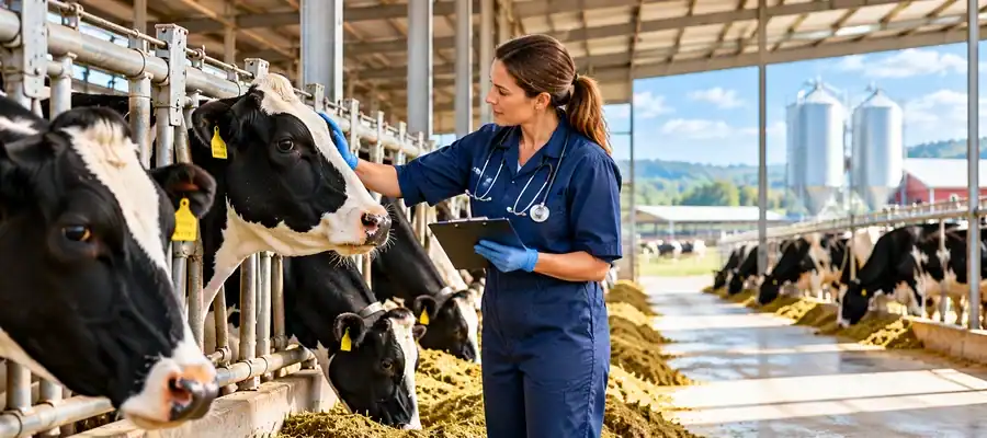 Dairy veterinarian examining a Holstein cow in a modern American dairy barn with other cows feeding nearby.