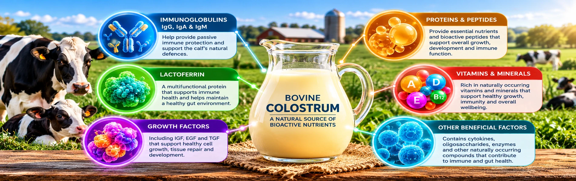 Bovine colostrum infographic illustrating IgG, IgA, IgM immunoglobulins, lactoferrin, growth factors, proteins, vitamins and minerals.