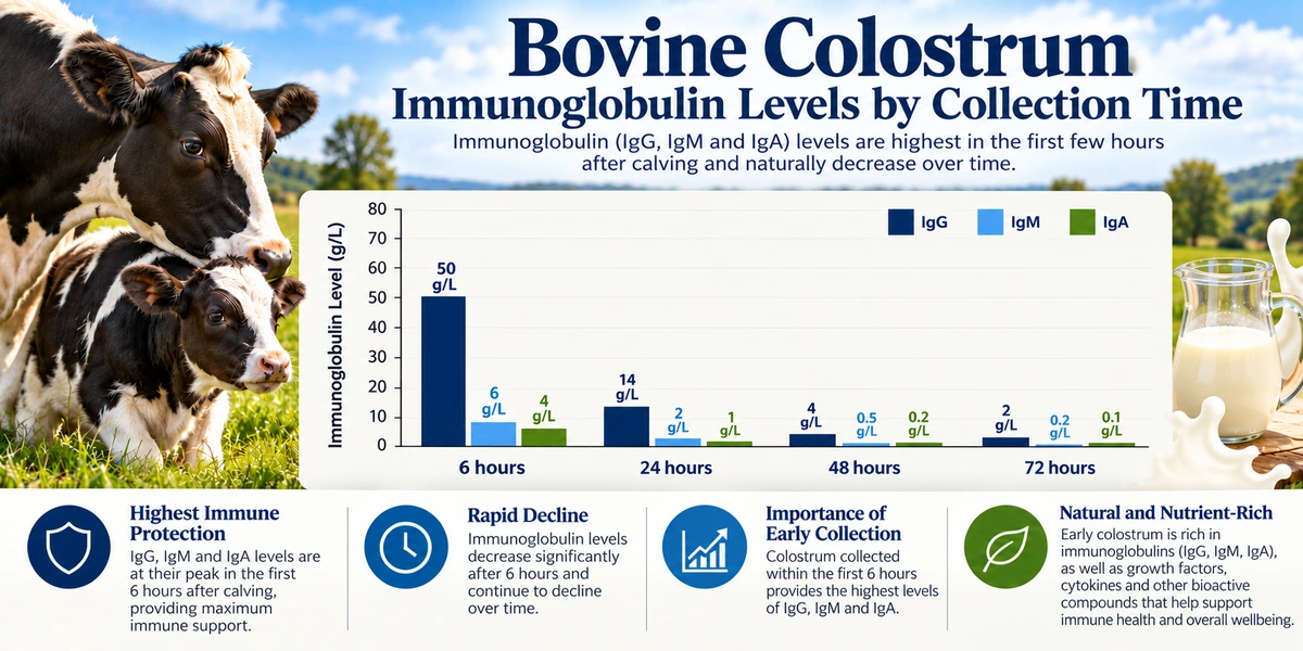 Bovine colostrum IgG, IgM and IgA levels at 6, 24, 48 and 72 hours after calving
