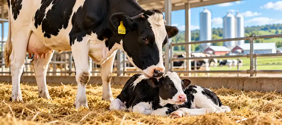 Holstein dairy cow gently nuzzling her newborn calf resting on straw inside a modern American dairy barn.