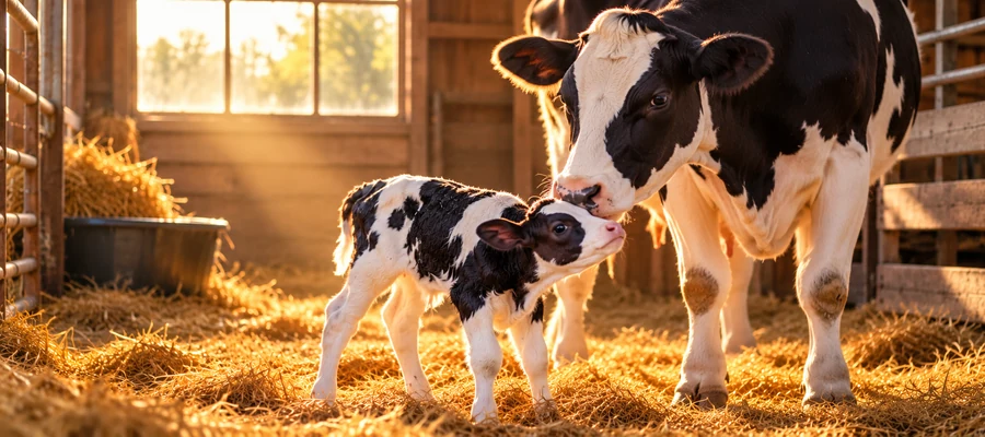 Black and white Holstein dairy cow gently nuzzling her newborn calf in a straw-filled barn during the first hours after birth.