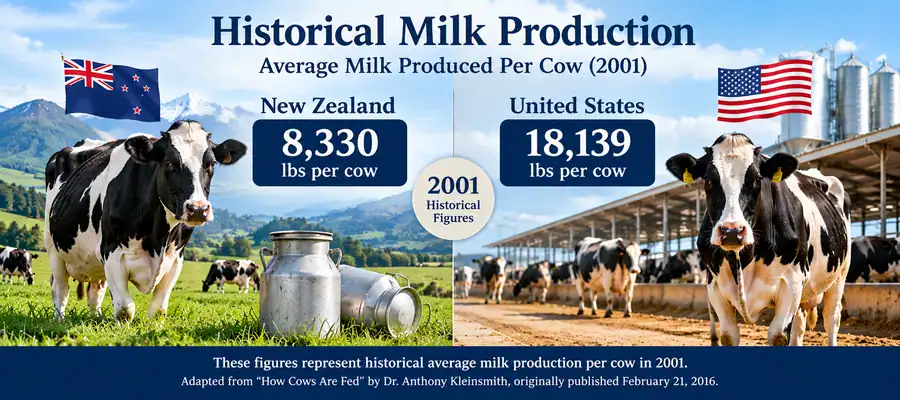 Infographic comparing 2001 milk production per cow: New Zealand 8,330 pounds and United States 18,139 pounds.