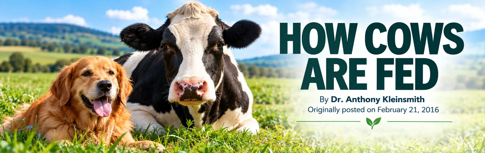 Dairy cow and golden retriever resting in a green pasture on a How Cows Are Fed article banner