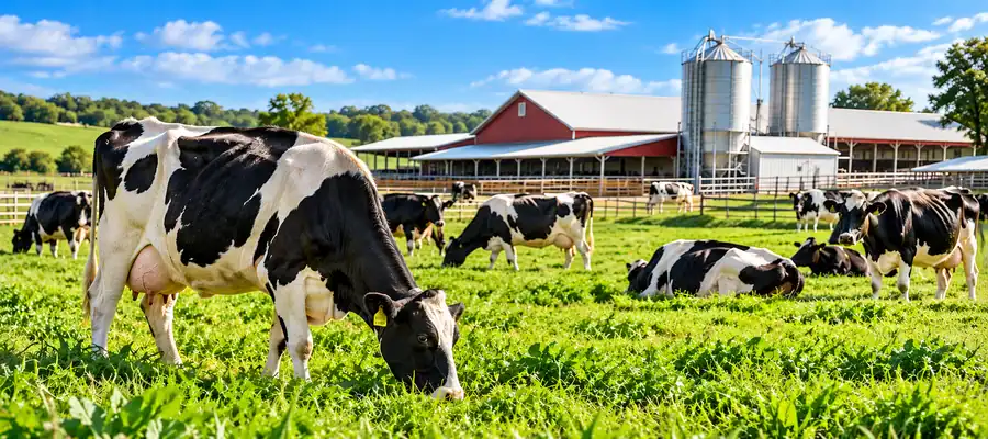 Pasture-fed Holstein dairy cows grazing on a green American dairy farm with barns and feed silos in the background.