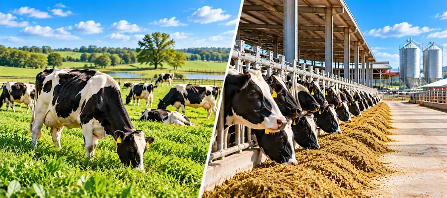 Comparison of pasture-fed Holstein cows grazing on green grass and dry-lot dairy cows eating prepared feed in a modern American dairy barn.