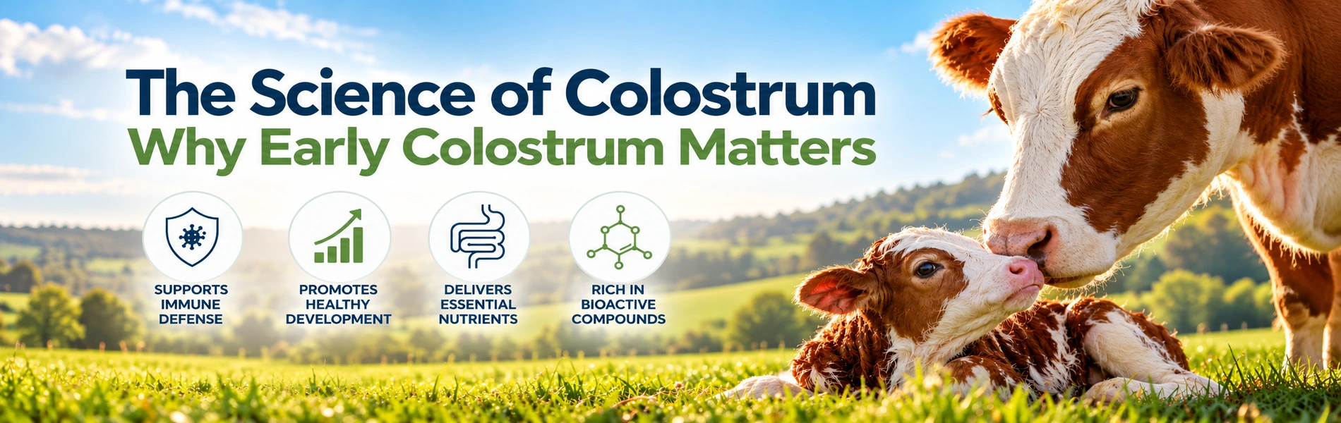 The science of colostrum showing a mother cow with her newborn calf and the importance of early bovine colostrum for immunity, growth and nutrition.