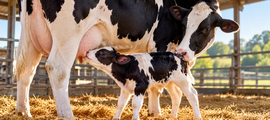 Newborn black and white Holstein calf nursing colostrum from its mother inside a clean, straw-covered dairy barn.