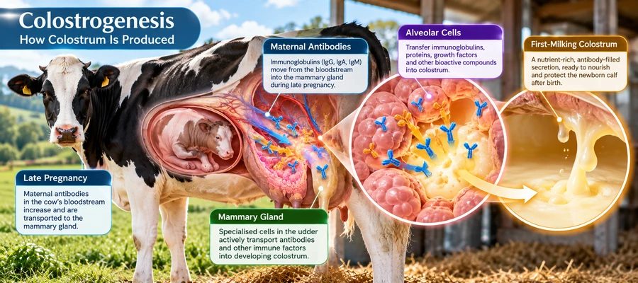 Colostrogenesis infographic showing maternal antibodies moving from a dairy cow's bloodstream into the mammary gland to form bovine colostrum.