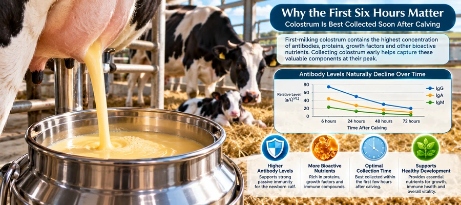 First-milking bovine colostrum collected in a stainless steel container, with an infographic illustrating antibody levels at 6, 24, 48 and 72 hours after calving.