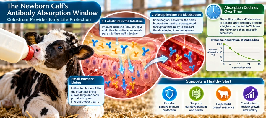 Infographic showing a newborn Holstein calf drinking colostrum and maternal antibodies passing through the small intestine into the bloodstream.