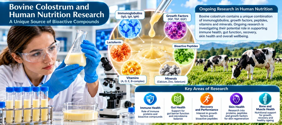 Scientist examining bovine colostrum in a laboratory with illustrations of immunoglobulins, lactoferrin, growth factors and human nutrition research.