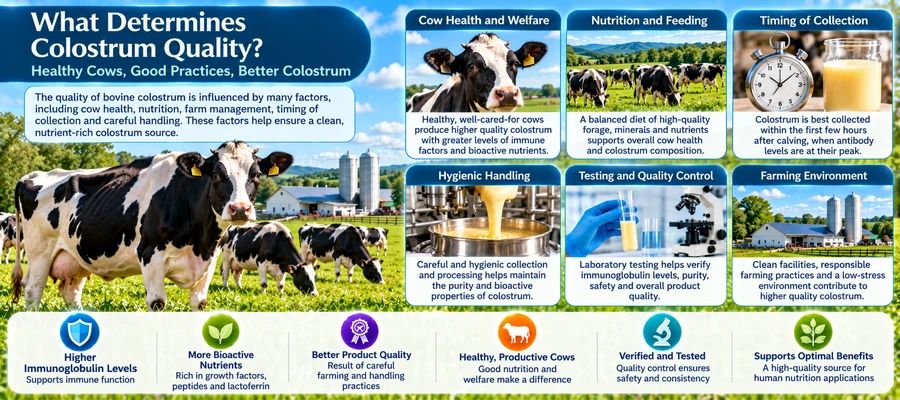 Infographic showing Holstein dairy cows and six factors affecting bovine colostrum quality, including nutrition, collection timing, hygiene and testing.