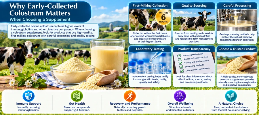 Infographic showing bovine colostrum powder, a glass of colostrum and Holstein cows, with six factors to consider when choosing a colostrum supplement.