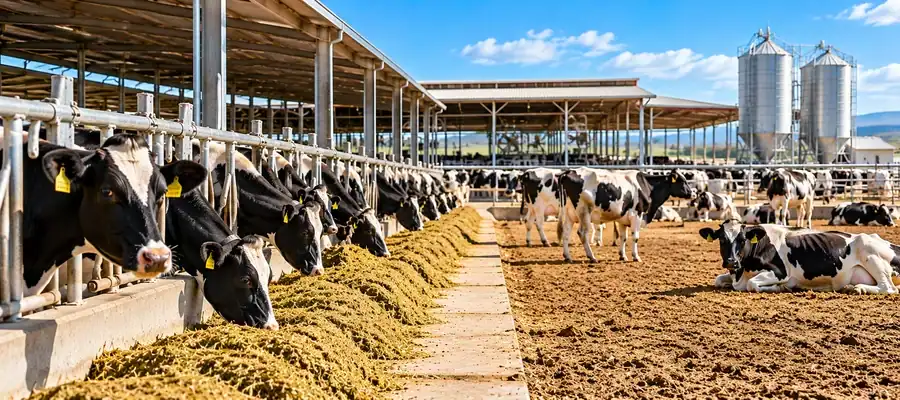 Holstein dairy cows eating prepared feed in a dry-lot farming system on a modern American dairy farm.