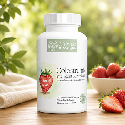 Bottle of Colostrum6 Strawberry Flavored Chewable Tablets (180 count). Cold-pressed, 100% natural, sweet-tart flavored kids' immunity supplements providing 1,200 mg of certified true colostrum daily.